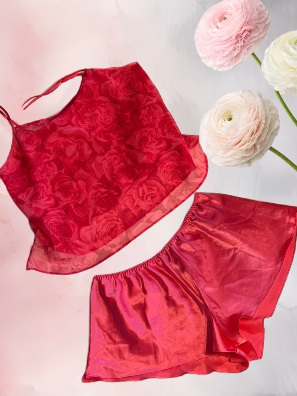 90’s VTG Chiffon Roses Cami & Pink Satin Sleep Shorts Nighty Lingerie Set Sz L